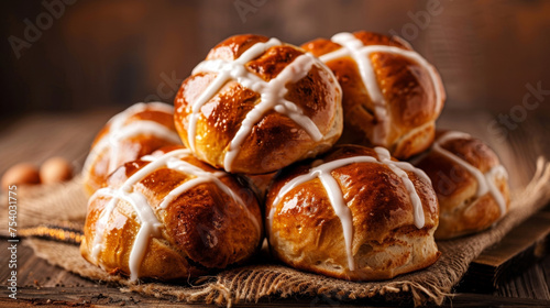 A closeup of freshly baked hot cross buns stacked high and adorned with icing crosses a classic and delicious Easter treat. photo