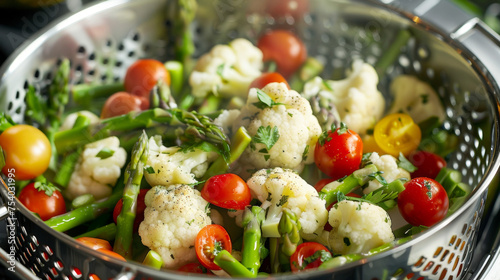 A steamer basket filled with a mix of vegetables including asparagus cauliflower and cherry tomatoes ready to be served as a colorful and healthy side dish.
