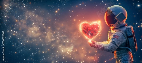 Astronaut floating in space holding glowing heart with earth in background   love in the universe photo