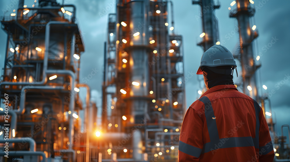 an engineer manager standing in front of oil refinery building structure in heavy petrochemical industry.