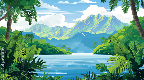 Landscape Lake View With Tropical Ivy Plants and Mountain Range in Background Cartoon 