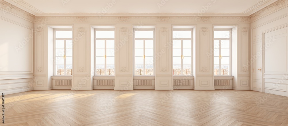 A large room is displayed with white walls and wooden floors. The room appears empty, devoid of any furniture or decoration, providing a clean and minimalist aesthetic. A large room is displayed with white walls and wooden floors. The room appears empty, devoid of any furniture or decoration, providing a clean and minimalist aesthetic.