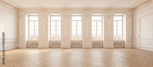 A large room is displayed with white walls and wooden floors. The room appears empty  devoid of any furniture or decoration  providing a clean and minimalist aesthetic.