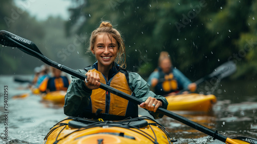 Group of women kayaking on the river during overcast day. photo