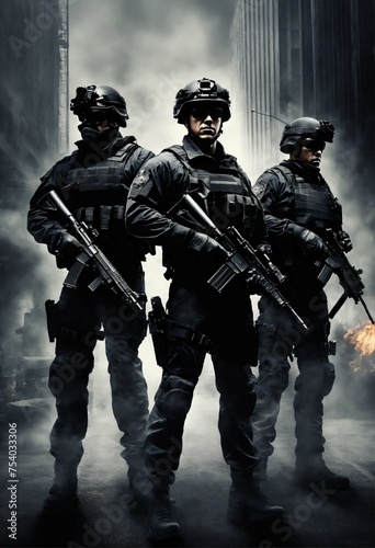 armed muscular security bodyguard team silhouette, subtle, grey aesthetic, high detail, realistic, action movie creative poster, smokey