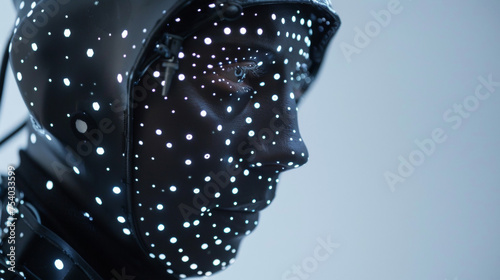 A person wearing a motion capture suit with small reflective dots covering face and body preparing for 3D scanning and modelling. photo