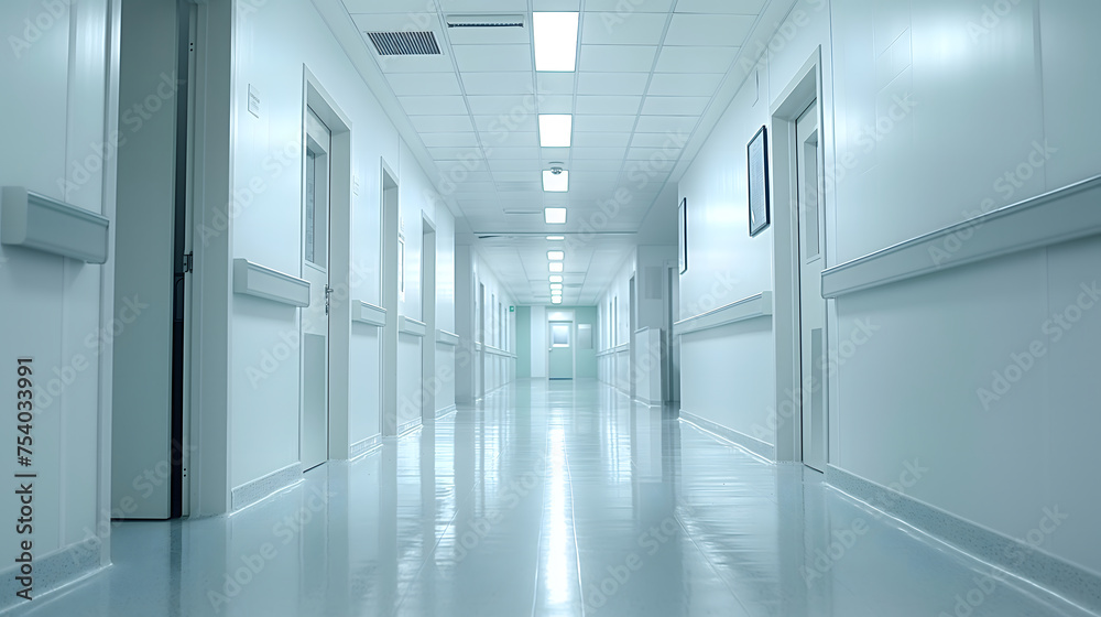 A long hallway in a hospital with white walls and a white floor. The hallway is empty and has no people.