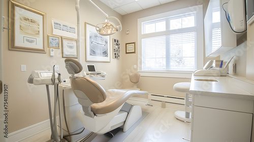 A white and bright empty dental office with a blue chair. The room is well cleaned modern. Warm beige color tone.