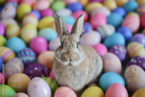 A rabbit is standing in a pile of colorful Easter eggs