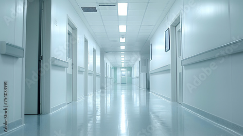 A long hallway in a hospital with white walls and a white floor. The hallway is empty and has no people.