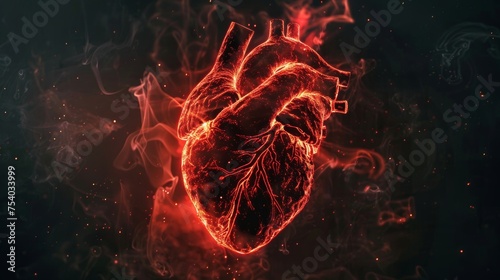Red digital pulse line on abstract human heart shape, black background health, cardiology concept.