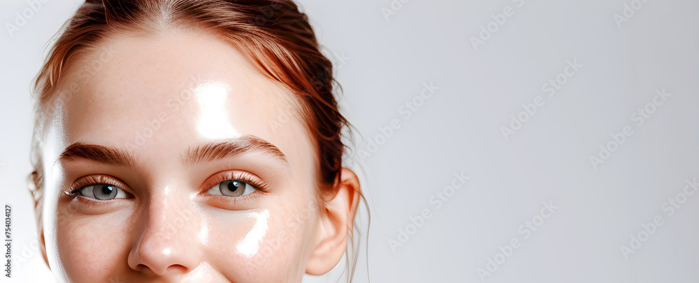Fototapeta premium Beautiful woman with oily shiny skin smiling happily. Female model with oily skin. Skin types concept, dermatology, cleansing. Face close-up with copy space