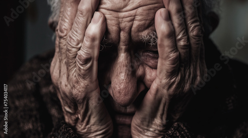 Closeup portrait scene of desperate holding his face with hands, depression