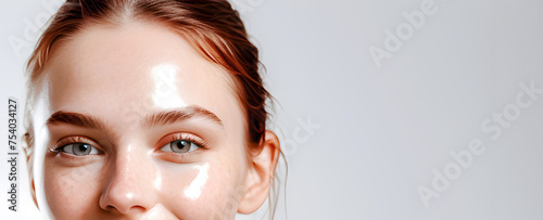 Beautiful woman with oily shiny skin smiling happily. Female model with oily skin. Skin types concept, dermatology, cleansing. Face close-up with copy space