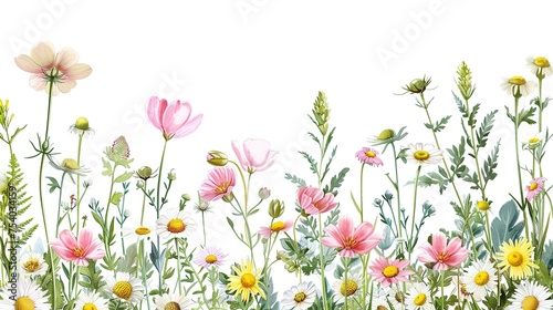 flowers of bell, maiden pink, daisy and meadow buttercup at white background, floral composition, hand drawn botanical illustration,generative ai,  © Dzakir