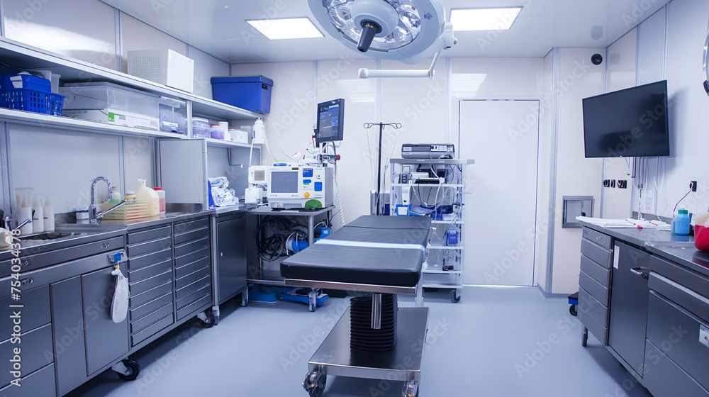 An operation room with a large surgical bed with white sheets. The room is clean and sterile, with a bright light overhead. Scene is serious and professional.