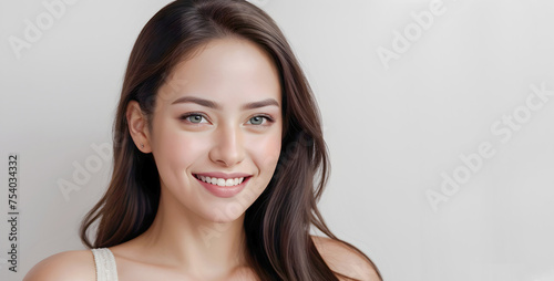 Asian girl with perfect clean skin isolated in studio background with copy space. Rejuvenation, skin care, dermatology and cosmetics.