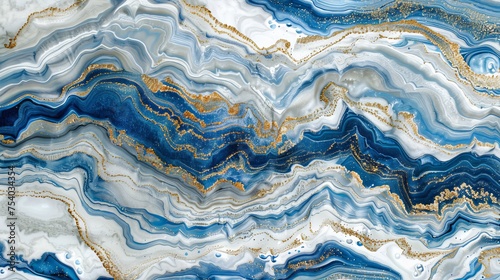 Luxury blue liquid paint and gold mineral ink abstract background design for nature wallpaper.