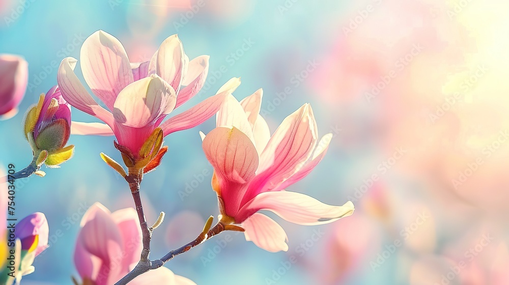 Flowers of pink Magnolia on blue sky background. Magnolia flowers in spring with blue sky background and with buds. International Womens or Women day concept. Best picture for banners and cards. - obrazy, fototapety, plakaty 