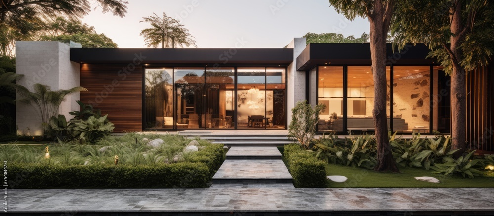 A house featuring a plethora of lush plants and trees in its surroundings. The architecture blends in seamlessly with the greenery, creating a harmonious and refreshing atmosphere. The abundance of - obrazy, fototapety, plakaty 