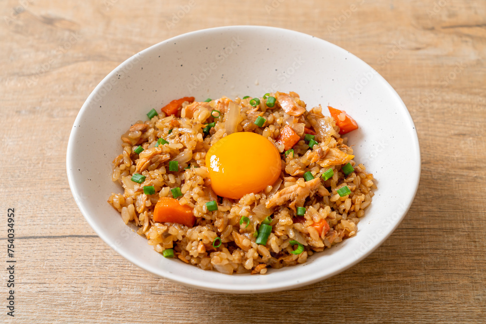 salmon fried rice with pickled egg on top