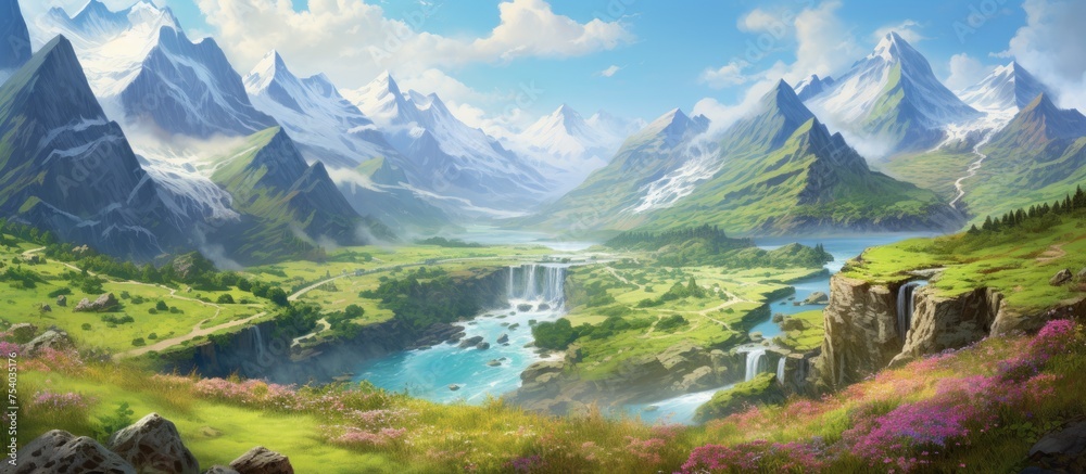 A painting depicting a mountain valley with a river flowing through it. The lush green mountains rise on either side of the valley, with the river winding its way through the landscape. - obrazy, fototapety, plakaty 