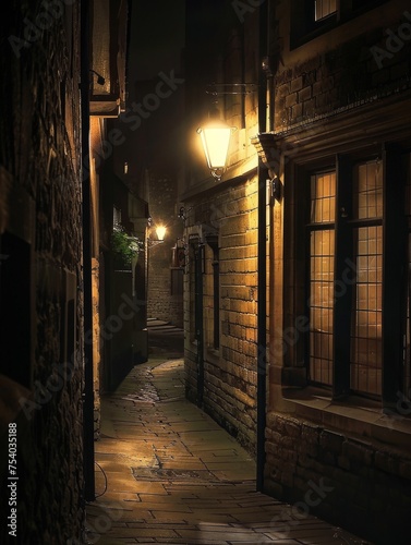 The soft light from a street lamp reflects off wet paving stones in a historic alley  offering a quiet moment of urban solitude.