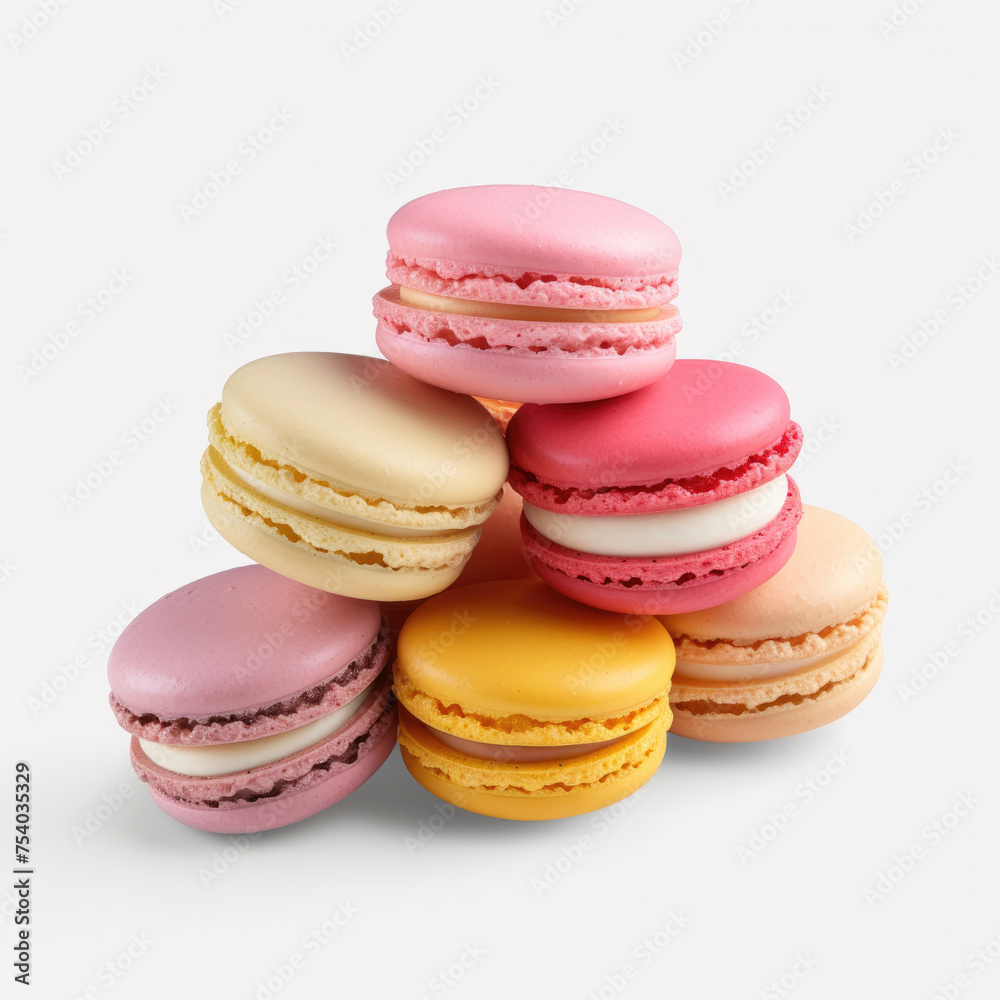 Stacked colorful Macarons sandwich cookies filled with various flavored fillings isolated on white background Stacked colorful Macarons sandwich cookies filled with various flavored fillings isolated on white background