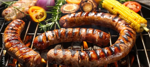 Delicious barbecue dinner spread with golden grilled sausages on table, clean realistic style photo
