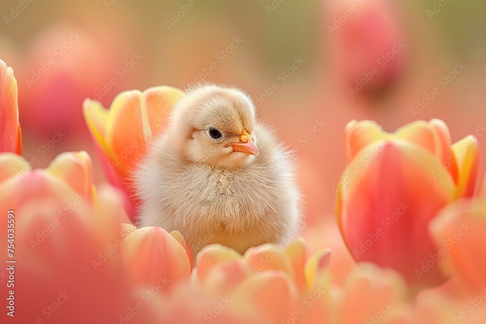Spring's Gentle Embrace: A Tiny Chick Finds Solace on the Petal of a Blooming Tulip