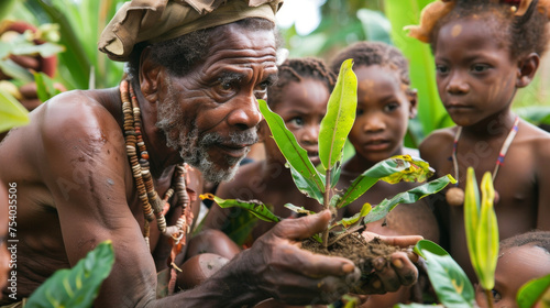 A group of children gather around an elder man as he shows them how to identify different plants and their medicinal uses in the wild.