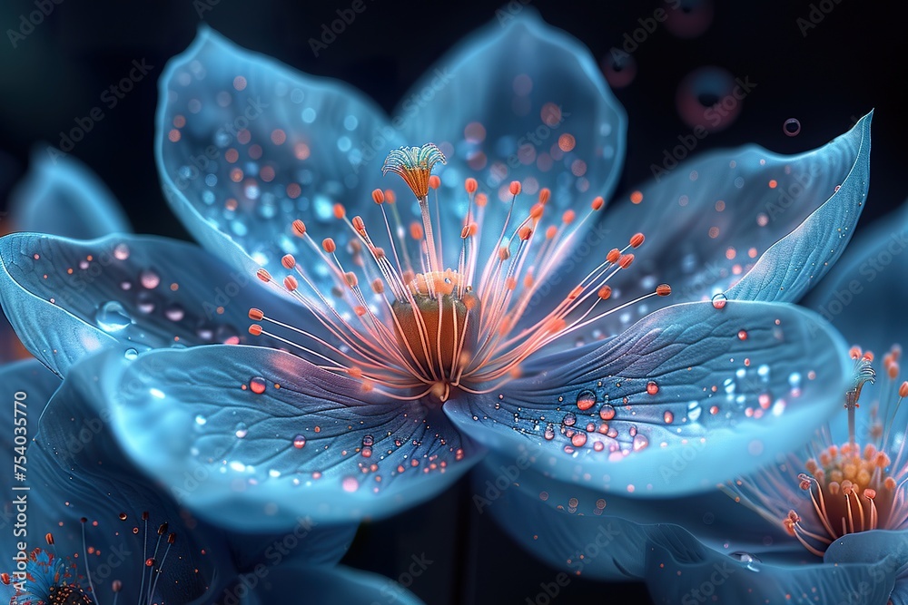 Beautiful blue flower, light petals, iridescent opalescent colours, dark background - obrazy, fototapety, plakaty 