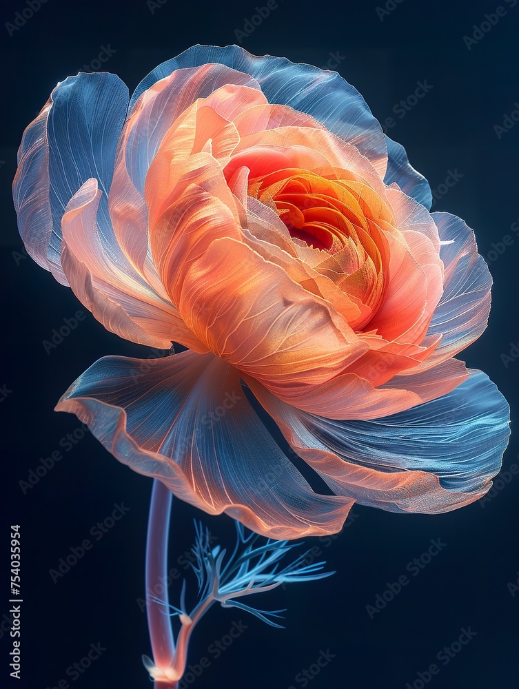 a beautiful ranunculus flower, light petals, iridescent opalescent colours, dark background