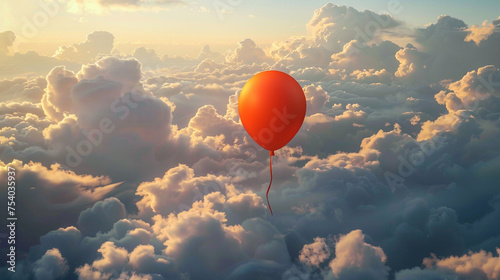 A brilliant orange balloon floating gracefully amidst fluffy clouds. photo