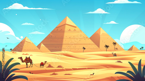 Pyramids in desert flat panoramic illustration Egyptian landscape 