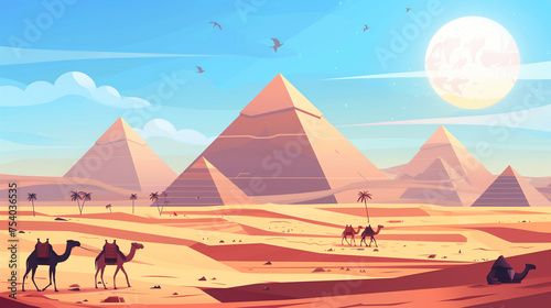 Pyramids in desert flat panoramic illustration Egyptian landscape 