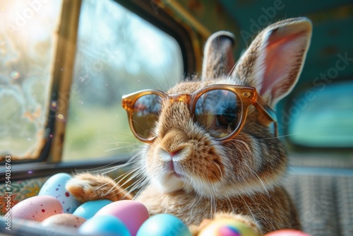 A rabbit wearing sunglasses and holding a basket of Easter eggs