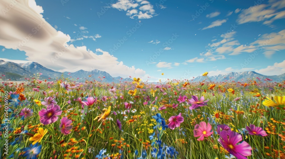 A vast field of wildflowers illuminated by the yellow glow of sunrise, under a clear blue sky, creating a vibrant tapestry of colors and a sense of renewal and beginning. .8k
