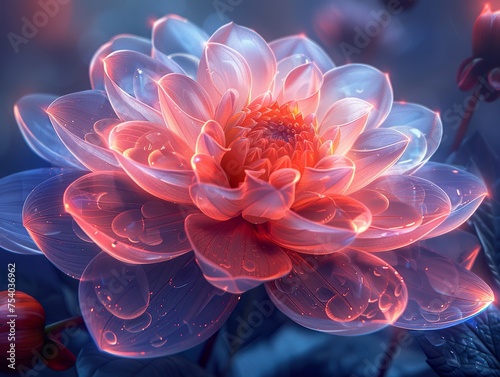 a digital photo of cinematic realism dahlia flower , Muted glow opal white color margarite, iridescent opalescent colours, dark background