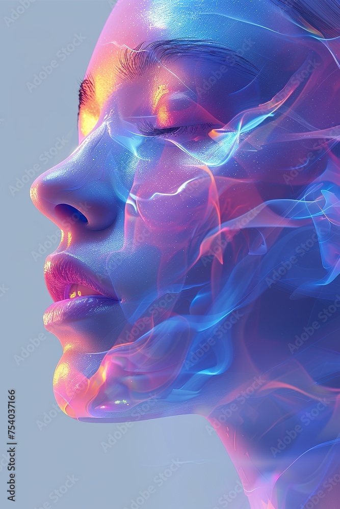 impression face artwork of girl with iridescent opalescent colours liquid or smoke style impression face artwork of girl with iridescent opalescent colours liquid or smoke style