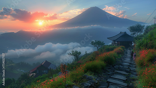 Scenic view of a mountain at sunrise with mist, a pathway, and a traditional hut. photo