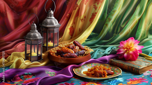 Background Lantern  dish of dates and Qur'an on Ramadan colorful fabrics  photo