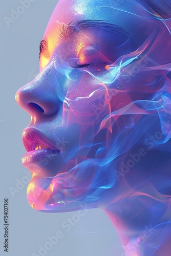 impression face artwork of girl with iridescent opalescent colours liquid or smoke style