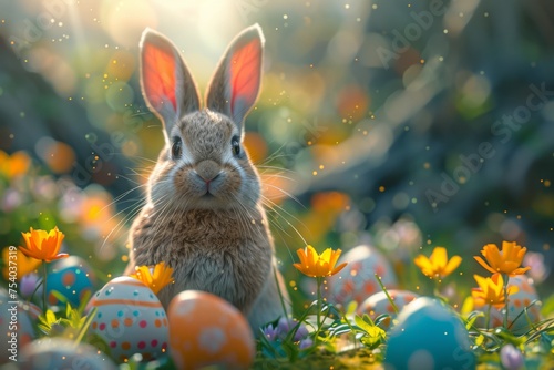 A rabbit is standing in a field of flowers and eggs