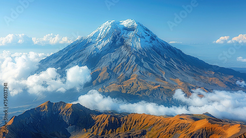 Aerial view of a majestic mountain peak with snow cap surrounded by clouds and rugged terrain.