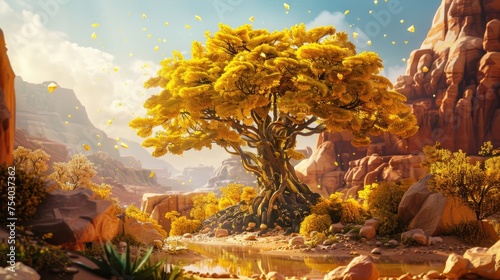 A vibrant oasis in a desert, centered around a tree with leaves of gold and roots that sparkle with embedded gems, providing life to the surrounding exotic flora and fauna. 8k