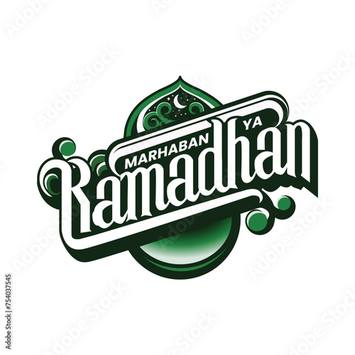 the words Marhaban ya Ramadhan, which means Welcome Ramadhan, with a mosque icon and several Islamic ornaments