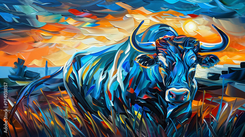 Horizontal oil painting of a Bull. Generative AI