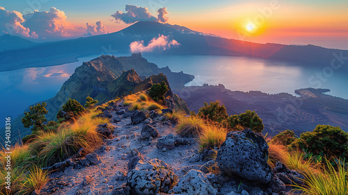Spectacular sunrise over mountains with a scenic view of the sea and rocky path leading towards the horizon. © visual artstock