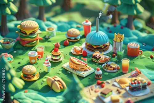 delightful virtual picnic scene featuring a checkered blanket